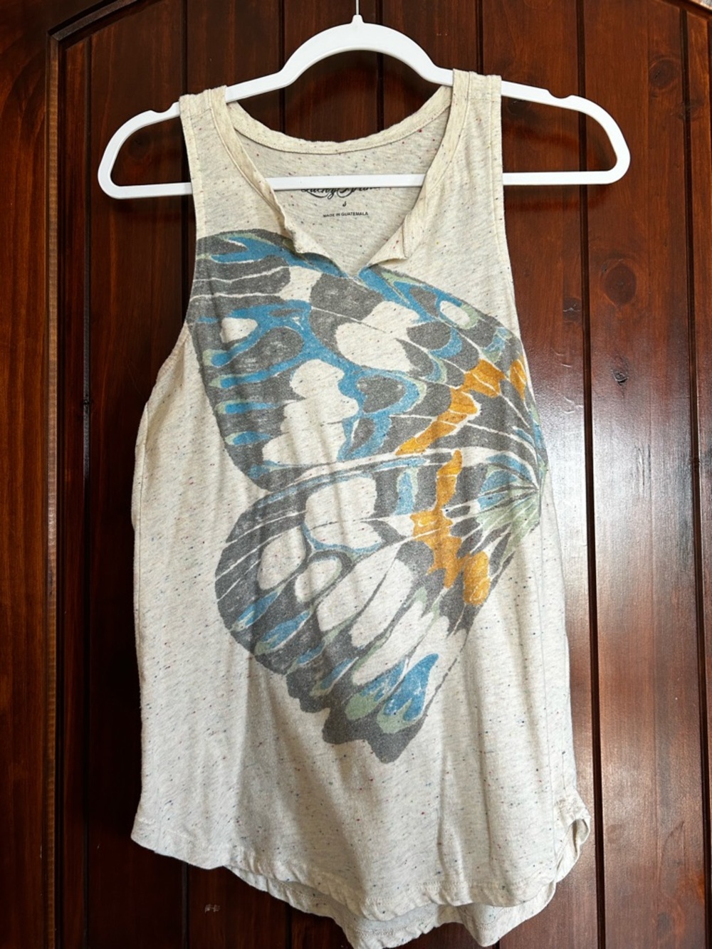Lucky Brand Cream Butterfly Graphic Tank with Blue & Gold Accents